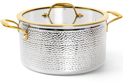 Michelangelo Triply Stainless Steel Stock Pot with Lid, Luxury Hammered Stainless Steel 6 Quart Pot with Lid & Golden Handle, Premium Induction Stockpot - 6QT