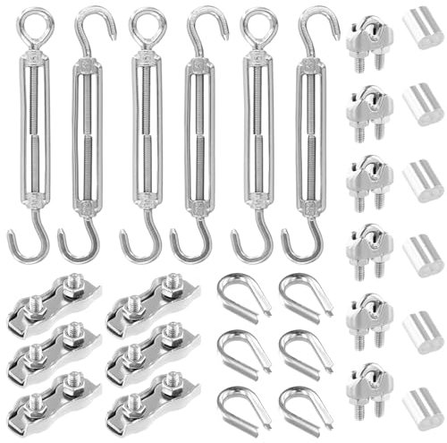 QWORK® Set di 30 Tenditori e Morsetti in Acciaio Inossidabile per Fune Metallica da 3 mm - Tenditori M5 con Morsetti Cavo e Fune Cavo Ditale