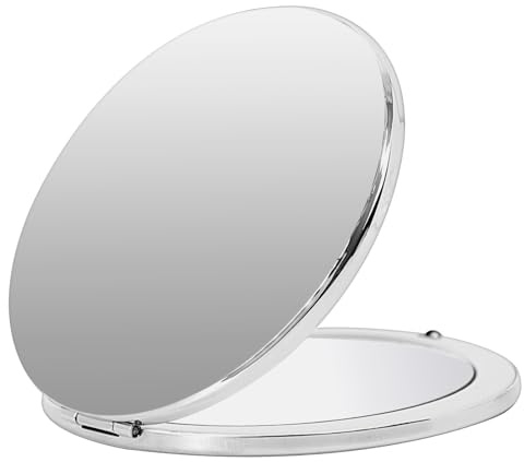 Mini Portable Oval Metall-Klappspiegel, schön und elegant, robust und langlebig, 1X/2X fache Lupe. (Nacktes Silber)