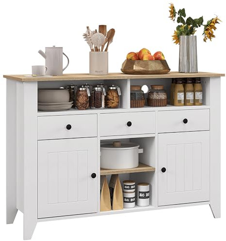 HOMCOM Aparador de Cocina Moderno Mesa para Televisores de 50 Pulgadas con 2 Puertas 3 Cajones 2 Estantes Abiertas y 2 Estantes Regulables 120x38x81,5 cm Blanco y Roble