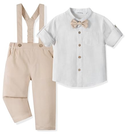 Volunboy Baby pojkar 4-delad formell kostym, småbarn bomull linne bröllopsfest födelsedagsklänning gentleman kostym, Ljus khaki, 12-18 Months