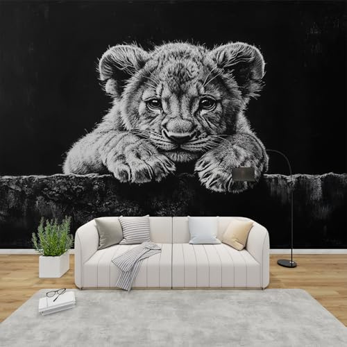 3D Tapete Löwe Schlafzimmer, Fototapete Afrikanische Tiere, Vliestapete Schwarz Grau, Tapeten Wohnzimmer Muster, Wilde Tiere Wand Deko Kinderzimmer, Wandtapete, Mustertapete Vlies 250x175 cm