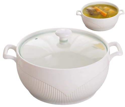 NIDONE Soup Tureen 2600ml Round Ceramic Serving Bowls with Lids Heat-Resistant Soup Bowls with Handles Microwave Safe for Restaurant Home Kitchen
