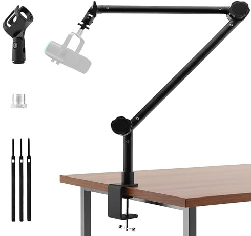 Microphone Stand Desk, Suspension Microphone Boom Arm Heightened Design with Desk Mount Clamp, 360° Rotatable,5/8 3/8 Threads, Mic Table Arm for Podcast, Streaming,Gaming,Recording, Studio, Office