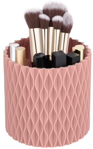 HOTUT 360° Trucco Pennello Titolare Organizzatore,Makeup Organizer con 5 Scomparti,Multifunzione Contenitori per Cosmetici per il Tavolo da Toeletta, la Camera da Letto e il Bagno Rosa