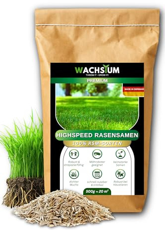 Rasensamen schnellkeimend 0,5kg 20qm – Frühjahr und Sommer Premium Grassamen Nachsaat, dichter strapazierfähiger Rasen, Mähroboter geeignet – kräftiges Wachstum, RSM Qualität,