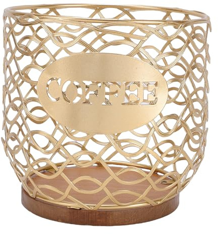Zisemeil Porta cialde di caffè, cestino rotondo a forma di tazza con base in legno, per capsule di caffè, bustine di tè, bustine di zucchero (oro)