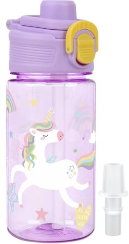 Borraccia Bambini con Cannuccia 380ml Beccuccio Mordere, Unicorno Viola | Beccuccio Mordere, a Prova di Perdite, Serratura Sicura, Maniglia per il Trasporto, Lavastoviglie Senza BPA