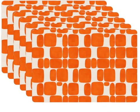 KitchenYeah© Set de 6 Manteles Individuales Plástico 45x30 cm Antimanchas y Antideslizantes Tapete Mesa Comedor Salvamantel Individual PVC Estampado - Retro - Naranja