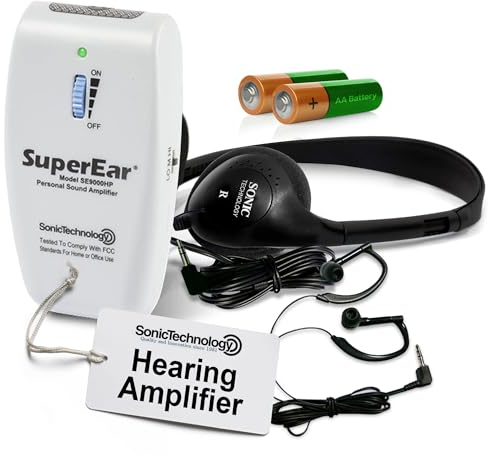 SuperEar Rechargeable Personal Sound Amplification Product Model SE9000HP Complete System with Headphones and Earbud Increases Sound 50dB, 3 Tone Frequency Selection