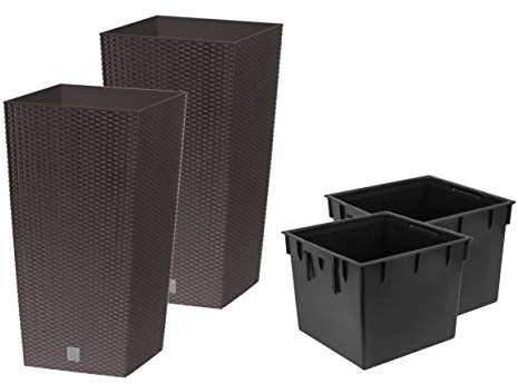 Stolmet Juego de 2 macetas cuadradas altas de ratán para interiores y exteriores + inserto (26,6 L, marrón oscuro)