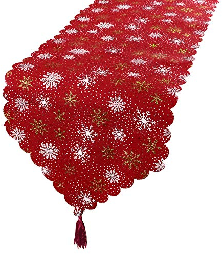 Camino de Mesa Navideño 180 * 35cm Arpillera Decoración de Navidad Corredor de Mesa Tapete Adorno Rojo con Copos de Nieve