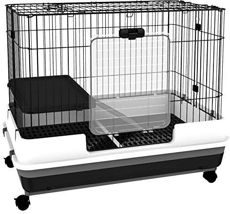 PawHut Gabbietta per Conigli Porcellini d'India in Metallo Nero con 2 Porte e Vassoio Estraibile 81.2x52.7x70cm