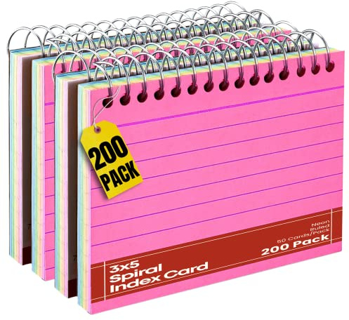 1InTheOffice Spiral Index Cards 3x5, Ruled Neon, Lined, Assorted Colors, 50 Cards/Pack (4 Pack)