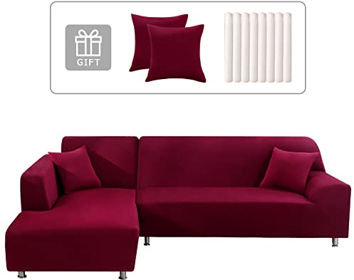 Lydevo Sofabezug Ecksofa L Form Sofa Überwürfe Stretch Sofabezug L Form Rechts oder Links mit Zwei Kissenbezügen Waschbar Universal-Couchbezug L Form Sofa Cover L Shape(2 Sitzer+3 Sitzer,Rotwein)