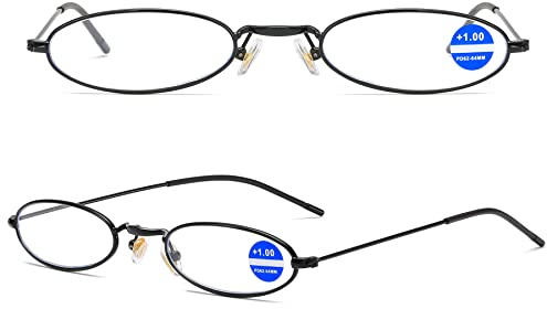 Lanomi Schmale Metall Lesebrille Blaulichtfilter Oval Dünn Rahmen Mini UV400 Schutz Lesehilfe Sehhilfe Damen Herren Retro Computer Brille mit Tube Etui Schwarz 2.5