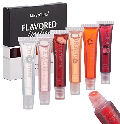 Holzsammlung 6 Brillo de Labios con Sabor a Frutas,bálsamo labial con color, Lápiz labial Líquido Brillante Transparente Hidratante para Labios de Larga Duració