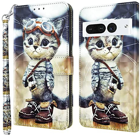 BOLELAW Hülle für Google Pixel 7 Pro, Stoßfeste Leder Smart Case mit Magnetverschluss, Standfunktion & Kartenfächern, Verschmitzte Katze