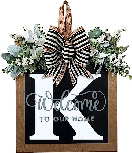 Last Name Year Round Front Door Wreath Front Porch Decoration 26 Letter Welcome Sign with Eucalyptus Garland and Bow Spring Wreaths for Front Door Outside Hanger Garland（K）