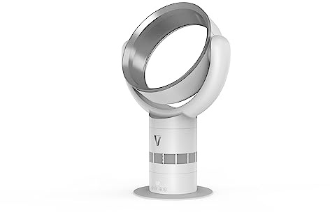 Vortex Air HALO Bladeless Quiet Air Cooler in White & Silver - Portable Oscillating Table Fan with Timer and Adjustable 10 Speeds - Remote Cooling Fan