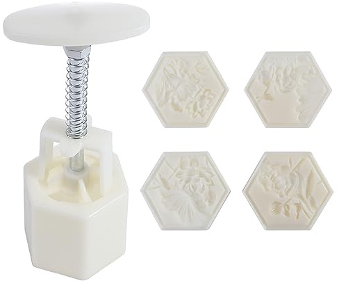 Vctitil Lotus Shaped Mooncake Mould Hand Pressure Hexagon Mooncake Mould Mid-Autumn Festival Cookie Stamps Pastry Decoration Tools,With 4 Stamps,50-65g