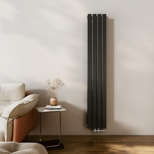 EMKE Radiatore piccolo 1800 x 300 mm, radiatore verticale per bagno, sottile, con attacco centrale, design a doppio strato, colore nero, 911 Watt