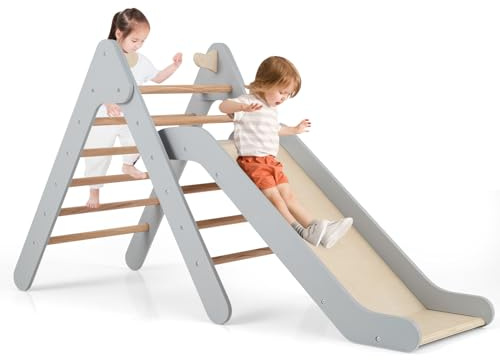 COSTWAY 2 en 1 Triangle d'escalade Montessori Enfant avec Toboggan, Echelle d’Escalade en Bois avec Hauteur Réglable, Jouet d'escalade pour Chambre Salle de Jeux, Charge 60kg pour Enfants de 1 an+…