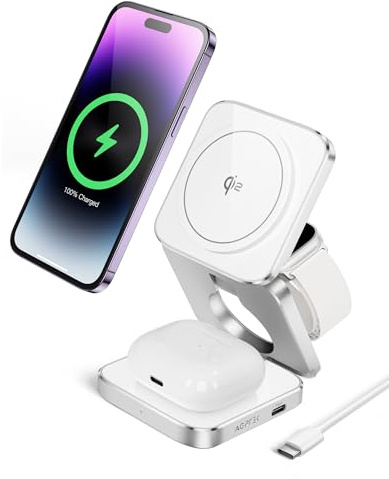 AGPTEK 3 in 1 Wireless Charging Station, Fast Qi2 Magnetic Wireless Charger, 15W Travel Charger Compatible with iPhone 16/15/14/13/12, for Apple Watch 2-9/Airpod, Carrying Case 30W Adapter