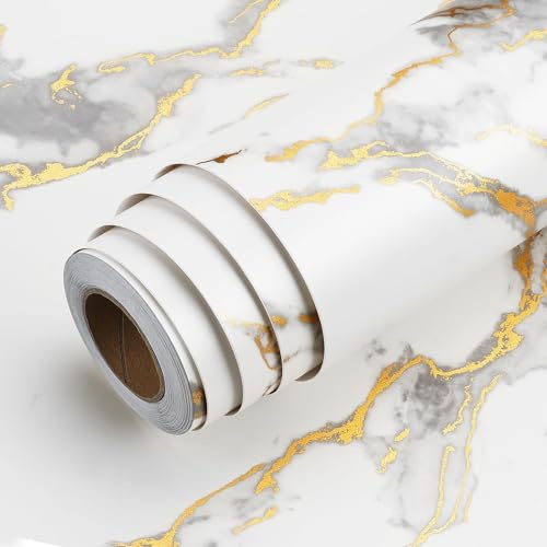 LACHEERY Tapet Marmor Guld Vit Vinyl 90 cm x 400 cm Möbelklistermärke Marmor Självhäftande Möbelfolie Täckning Top Kök Vattentät för Bord Badrum Platt Klistermärke Vägg