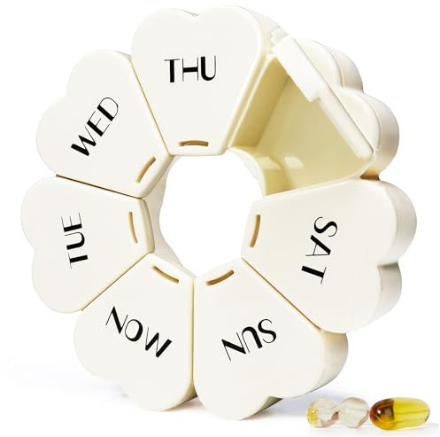 MOLN HYMY Cute Weekly Pill Box 7 Day, Round Floral Pill Case Organizer 1 time a Day, Pill Container Once Daily, Large Medcine Dispenser for Vitamin/Fish Oil/Medication/Supplements (Milky White)