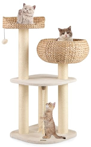 GYMAX Kratzbaum 104 cm, Katzenbaum Rattan mit Korb, Sisalstämme, Hängender Ball & eine Schlinge, Stabiler Katzenkratzbaum Katzenmöbel (Weiß)