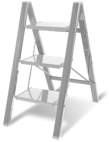 Eikuavons Trittleiter, Haushaltsleiter 3 Stufen Klappbar, Klapptrittleiter Stehleiter, Aluminium Tritthocker, rutschfeste Leiter mit Klappsicherung, Klappleiter für, Belastbar bis 150kg, Silbrig