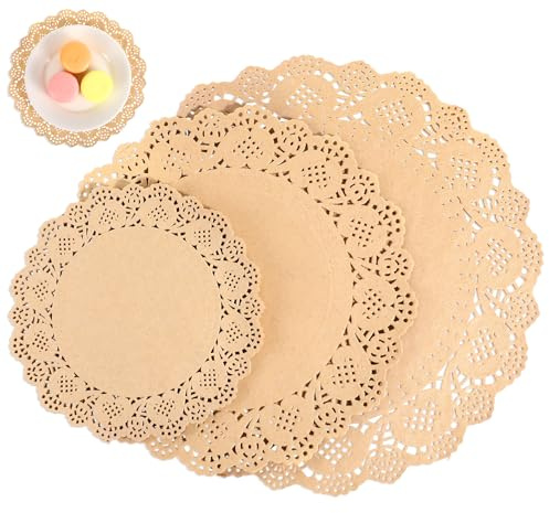 Xelsluthe Spitzendeckchen für Desserttabletts, 150 Stück braune runde Spitzendeckchen aus Papier in verschiedenen Größen für Kuchen, Buffet, Party, Hochzeitstischdekorationen, 6, 8, 10 Zoll