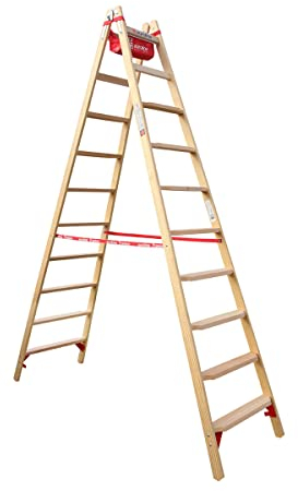 Euroline Holz Comfort-Stufenstehleiter mit Eimerhaken und Werkzeugablagetasche Nr. 10577-2x10