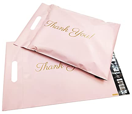 LIANYG Versandbeutel 50 stücke Mailer Tasche Schwarz Rosa Einkaufstasche Kurier Taschen Selbstsiegel Poly Mailer mit Logo Express Taschen Griff Umschlag Taschen 334 (Color : 32x41x7 PK Thank You)