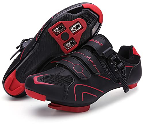 Mens Womens Cycling Shoes Compatible with Peloton Bike Indoor Outdoor Road Bike Riding Shoes with Look Delta Cleats Pre Installed Clip in Pedal, (Black-red, 9)