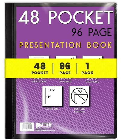 Better Office Products 48 Pocket Bound Presentation Book, with Clear View Front Cover, 96 Sheet Protector Pages, 8.5 x 11 Sheets, Art Portfolio, Durable Poly Covers, Letter Size (Black)