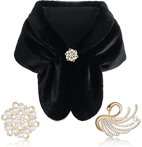 Geyoga Faux Fur Shawl Wrap Stole Shrug Winter Bridal Wedding Scarf Wrap with Faux Pearl Rhinestone Brooches for Women 1920s (Black, Large, Short Hair)