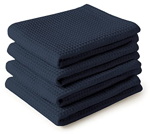 Encasa XO Kitchen Dish Towels, Cotton Tea Towel, Loop 70x45 cm Blue | 100% Cotton Waffle Weave | Highly Absorbent & Quick Drying | Integrated Hanging Loops | Set of 4