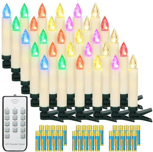 yunsheng 30Stk RGB Weihnachten LED kerzen, Kabellose Weihnachtsbaumkerzen mit Fernbedienung Timer, Batteriebetriebene Flammenlose Flackern Christbaumkerzen lichterkette, IP64, (Enthält AAA-Batterien)