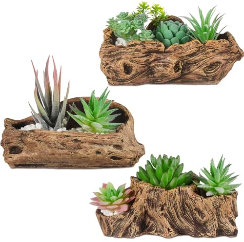 Sunnychicc 3 Pcs Driftwood Stump Log Concrete Planter Driftwood Planter Succulent Pot Plant Pot for Succulents for Outdoor Indoor Home Patio Garden Decoration (Retro)