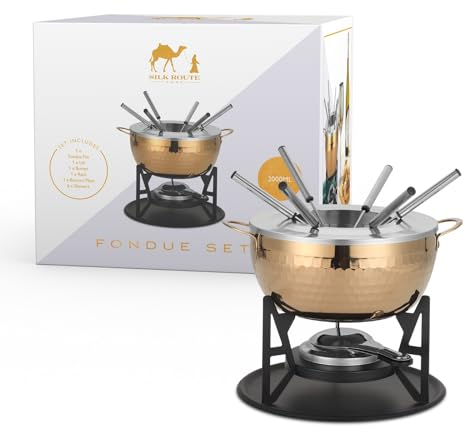 Silk Route Home Stainless Steel Fondue Set – 6‑Fork Cheese & Chocolate Melting Pot with Gold‑Tone Finish – Entertaining Party Gift