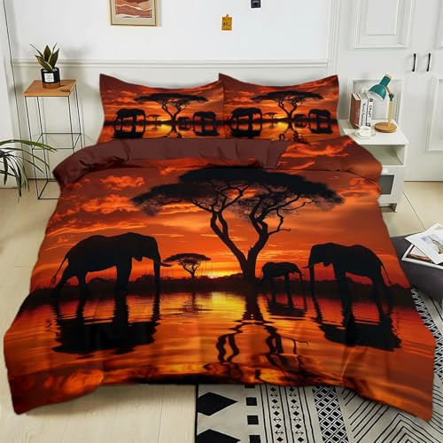Parure de lit Adulte 2 Personnes 220x240 cm Éléphant Animal Au Coucher Soleil D'Afrique Sets de Housse de Couette Polycoton Ensemble Literie Linge de Lit avec Fermeture éclair et 2 Taies d'oreiller