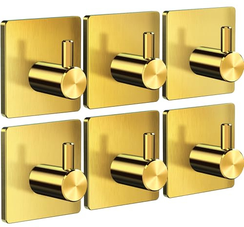 Menz Handtuchhalter ohne Bohren, 6 St. im Set, klassische Klebehaken, Gold | Edelstahl Badezimmer Handtuchhalter, extra starke Klebehaken für Bad, Küche, wasserfeste Haken selbstklebend, Handtuchhaken