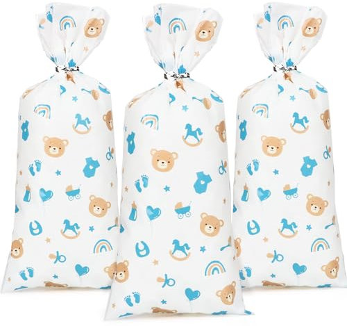 50 Stück Babyparty Geschenktüten mit Kabelbinder 12,5x27,5cm Plätzchen Beutel Süßigkeiten Tüten Candybar Bags Partytüten Zellophantüten Geschenke für Baby Shower Geburt Gender Reveal Party (Blau)