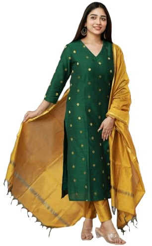 GoSriKi Women's Rayon Viscose Straight Printed Kurta with Pant & Dupatta, Green, XXL