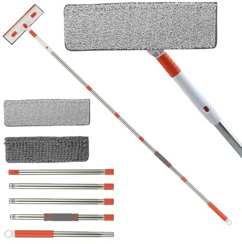 Lavavetri Professionale con Manico Telescopico 206 cm, 3 in 1 Lavavetri con Tergivetro in Silicone e Tampone Microfibra, per la Pulizia con Tapis Chenille, per Finestre Alte, Pareti di Vetro Bagno