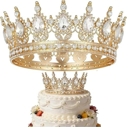 Crown Cake Topper, Gold Crown for Wedding and Birthday Celebrations, Princess Party Accessory with Golden Finish and White Crystals, Decorative Headpiece for Special Occasions