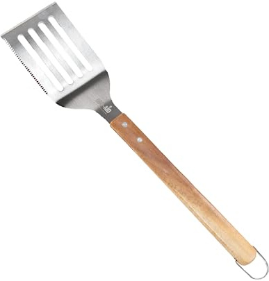 BBQ-AID Pro BBQ Metal Spatula - 17 Barbecue Spatula Stainless Steel with Serrated Knife Edge - Acacia Wood Handle - Heavy Duty Built to Last