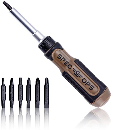 Spec Ops Tools Multi-Bit Screwdriver for Tool Belt, Tool Box, Magnetized Double-Sided Bits and Cr-Mo Steel Shaft, Ratcheting, 12-in-1
